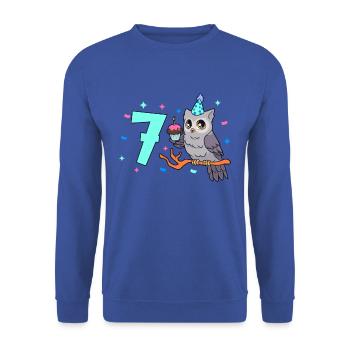 Mit Eule - Kinder Geburtstag 7 Jahre - Unisex Pullover - Royalblau - Vorne - Alina (178cm) & Michal (187cm)