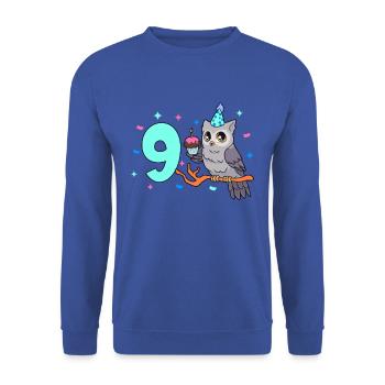 Mit Eule - Kinder Geburtstag 9 Jahre - Unisex Pullover - Royalblau - Vorne - Alina (178cm) & Michal (187cm)
