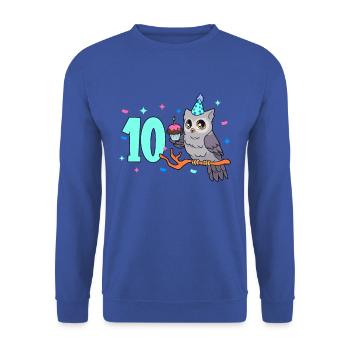 Mit Eule - Kinder Geburtstag 10 Jahre - Unisex Pullover - Royalblau - Vorne - Alina (178cm) & Michal (187cm)