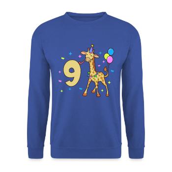 Mit Giraffe - Kinder Geburtstag 9 Jahre - Unisex Pullover - Royalblau - Vorne - Alina (178cm) & Michal (187cm)