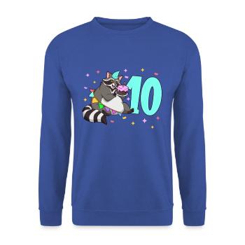 Mit Waschbär - Kinder Geburtstag 10 Jahre - Unisex Pullover - Royalblau - Vorne - Alina (178cm) & Michal (187cm)