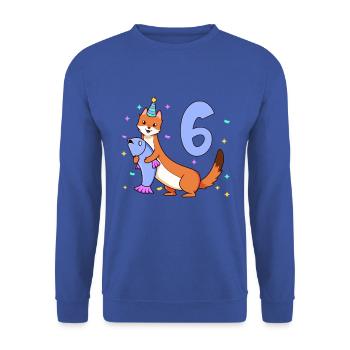 Mit Wiesel - Kinder Geburtstag 6 Jahre - Unisex Pullover - Royalblau - Vorne - Alina (178cm) & Michal (187cm)