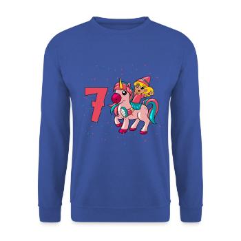 With Unicorn - Girl Birthday 7 Years - Unisex Sweatshirt - royal blue - Front - Alina (178cm) & Michal (187cm)