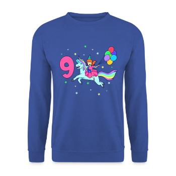 Mit Einhorn - Mädchen Geburtstag 9 Jahre - Unisex Pullover - Royalblau - Vorne - Alina (178cm) & Michal (187cm)