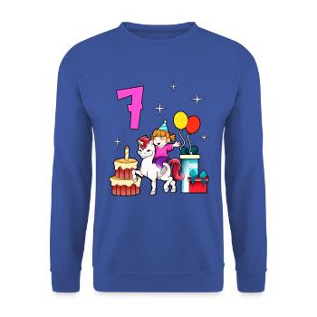 With Unicorn - Girl Birthday 7 Years - Unisex Sweatshirt - royal blue - Front - Alina (178cm) & Michal (187cm)
