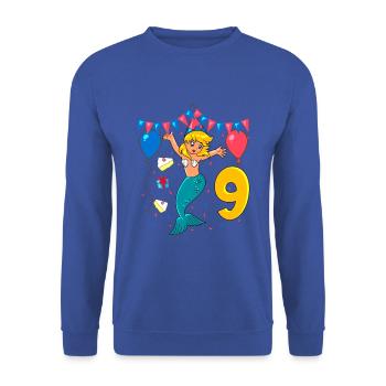 Mit Meerjungfrau - Mädchen Geburtstag 9 Jahre - Unisex Pullover - Royalblau - Vorne - Alina (178cm) & Michal (187cm)