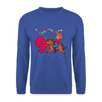 Mit Pferd - Mädchen Geburtstag 9 Jahre - Unisex Pullover - Royalblau - Vorne - Alina (178cm) & Michal (187cm)