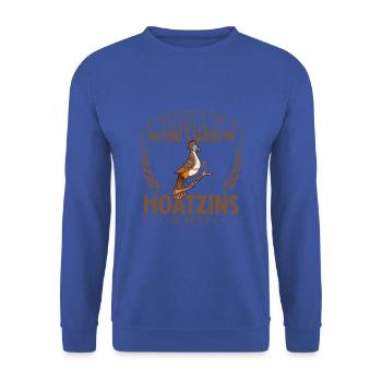 Federn und Freude - Hoatzin - Unisex Pullover - Royalblau - Vorne - Alina (178cm) & Michal (187cm)