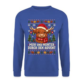 Hochlandrind - Muh und munter im Advent - Unisex Pullover - Royalblau - Vorne - Alina (178cm) & Michal (187cm)