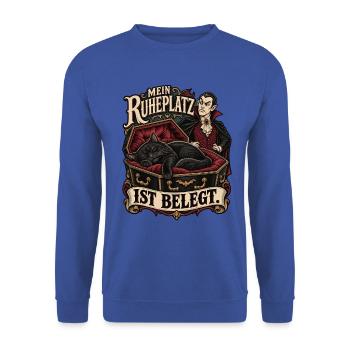 Ruheplatz belegt – Katze und Vampir - Unisex Pullover - Royalblau - Vorne - Alina (178cm) & Michal (187cm)