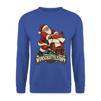Wunschzettelstopp – Weihnachtsmann am Briefkasten - Unisex Pullover - Royalblau - Vorne - Alina (178cm) & Michal (187cm)