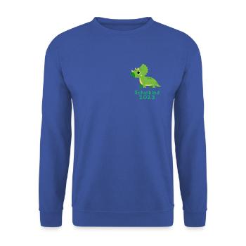 Schulkind 2023 Dino - Unisex Pullover - Royalblau - Vorne - Alina (178cm) & Michal (187cm)