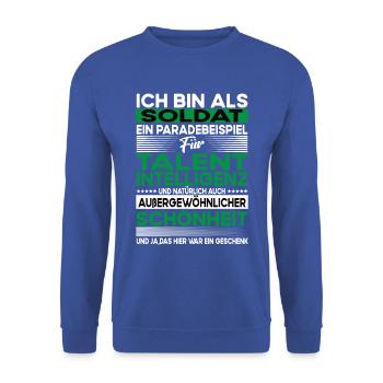 Soldat Bescheiden - Lustiger Spruch - Unisex Pullover - Royalblau - Vorne - Alina (178cm) & Michal (187cm)