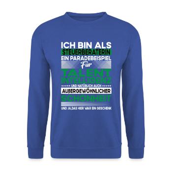 Steuerberaterin Bescheiden - Lustiger Spruch - Unisex Pullover - Royalblau - Vorne - Alina (178cm) & Michal (187cm)