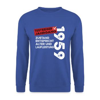 65 Jahre Geburtstag Testsieger Jahrgang 1959 - Unisex Pullover - Royalblau - Vorne - Alina (178cm) & Michal (187cm)