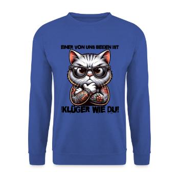 Lustiger Einer von uns beiden ist klüger als du - Unisex Pullover - Royalblau - Vorne - Alina (178cm) & Michal (187cm)