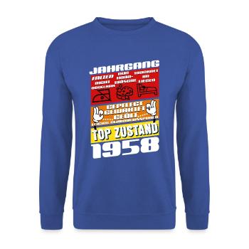 67 ans millésime 1958 anniversaire - Sweat-shirt Unisexe - bleu royal - Devant - Alina (178cm) & Michal (187cm)