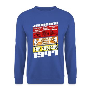 78 ans millésime 1947 anniversaire - Sweat-shirt Unisexe - bleu royal - Devant - Alina (178cm) & Michal (187cm)
