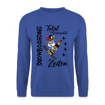 Snowboarding, verrückte Zeiten, Hase mit Snowboard - Unisex Pullover - Royalblau - Vorne - Alina (178cm) & Michal (187cm)