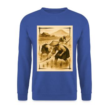 Feld, Reis und Bauern, Reisanbau im Morgengrauen - Unisex Pullover - Royalblau - Vorne - Alina (178cm) & Michal (187cm)