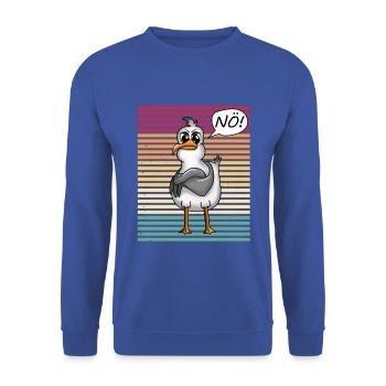 PLATTDEUTSCHER SPRUCH MIT MÖWE - Unisex Pullover - Royalblau - Vorne - Alina (178cm) & Michal (187cm)