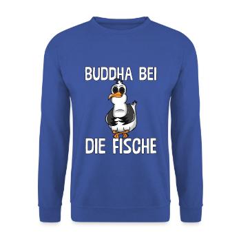 PLATTDEUTSCHER SPRUCH MIT MÖWE - Unisex Pullover - Royalblau - Vorne - Alina (178cm) & Michal (187cm)