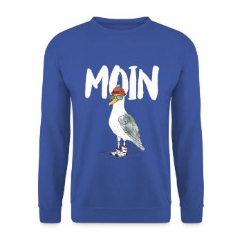 PLATTDEUTSCHER SPRUCH MIT MÖWE - Unisex Pullover - Royalblau - Vorne - Alina (178cm) & Michal (187cm)