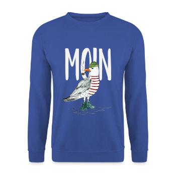PLATTDEUTSCHER SPRUCH MIT MÖWE - Unisex Pullover - Royalblau - Vorne - Alina (178cm) & Michal (187cm)
