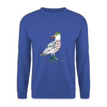 PLATTDEUTSCHER SPRUCH MIT MÖWE - Unisex Pullover - Royalblau - Vorne - Alina (178cm) & Michal (187cm)