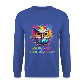 LUSTIGE BUNTE EULE - Unisex Pullover - Royalblau - Vorne - Alina (178cm) & Michal (187cm)