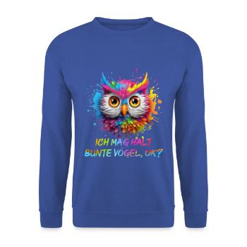 LUSTIGE BUNTE EULE - Unisex Pullover - Royalblau - Vorne - Alina (178cm) & Michal (187cm)