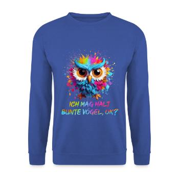 LUSTIGE BUNTE EULE - Unisex Pullover - Royalblau - Vorne - Alina (178cm) & Michal (187cm)