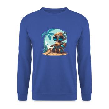 Ein kleiner Roboter am Strand unter einer Palme - Unisex Pullover - Royalblau - Vorne - Alina (178cm) & Michal (187cm)