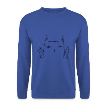 Photo de chat drôle Le chat montre les deux doigts du milieu - Sweat-shirt Unisexe - bleu royal - Devant - Alina (178cm) & Michal (187cm)