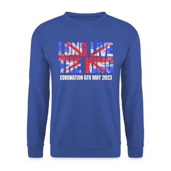 Britischer König Krönung Charles England Flagge - Unisex Pullover - Royalblau - Vorne - Alina (178cm) & Michal (187cm)