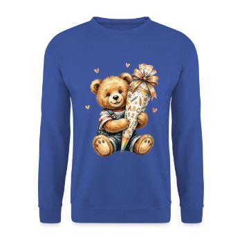 Teddybär mit Schultüte zur Einschulung - Unisex Pullover - Royalblau - Vorne - Alina (178cm) & Michal (187cm)