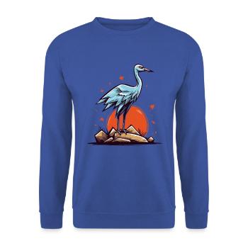 Graureiher oder Storch Vogel und eine rote Sonne - Unisex Pullover - Royalblau - Vorne - Alina (178cm) & Michal (187cm)