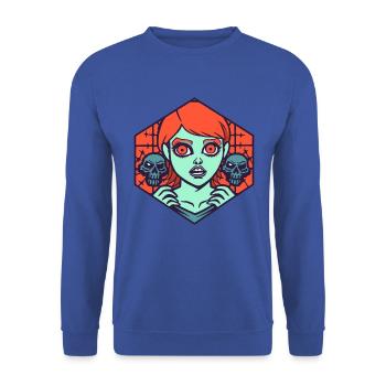 Manga Anime Cartoon Strip: Totenkopf und Mädchen - Unisex Pullover - Royalblau - Vorne - Alina (178cm) & Michal (187cm)