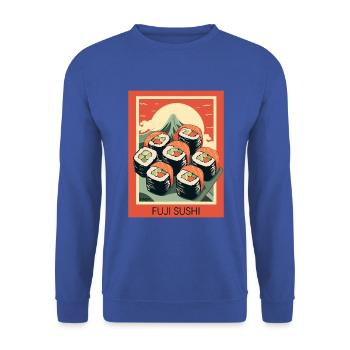 Parodie japanisch Werbeposter: Mount Fuji Sushi - Unisex Pullover - Royalblau - Vorne - Alina (178cm) & Michal (187cm)
