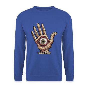 Hand mit Auge - Ich sehe dich - Unisex Pullover - Royalblau - Vorne - Alina (178cm) & Michal (187cm)
