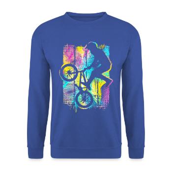 Retro Bmx Racing Bunt - Bmx Fahrrad - Bmx Bike - Unisex Pullover - Royalblau - Vorne - Alina (178cm) & Michal (187cm)