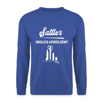 Sattler Endlich Ausgelernt Lehrling Azubi Lehre - Unisex Pullover - Royalblau - Vorne - Alina (178cm) & Michal (187cm)
