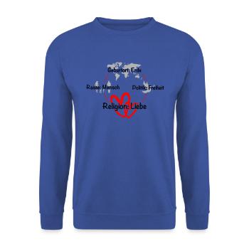 Geburtsort Erde, Mensch, Freiheit, Liebe - Unisex Pullover - Royalblau - Vorne - Alina (178cm) & Michal (187cm)