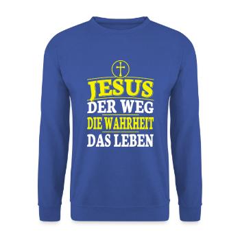 Jesus Christus Bibelvers Ich bin der Weg - Unisex Pullover - Royalblau - Vorne - Alina (178cm) & Michal (187cm)