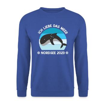 Nordsee Urlaub 2023 Ich liebe das Meer Wale Delfin - Unisex Pullover - Royalblau - Vorne - Alina (178cm) & Michal (187cm)