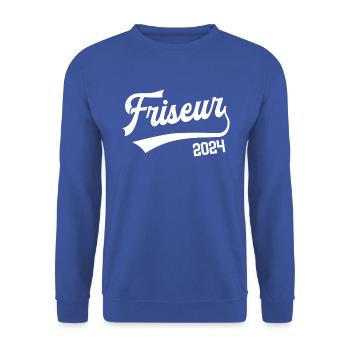 Friseur 2024 Ausbildung Prüfung Frisör Azubi Lehre - Unisex Pullover - Royalblau - Vorne - Alina (178cm) & Michal (187cm)