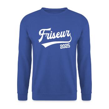 Friseur 2025 Ausbildung Beruf Friseure Azubi - Unisex Pullover - Royalblau - Vorne - Alina (178cm) & Michal (187cm)