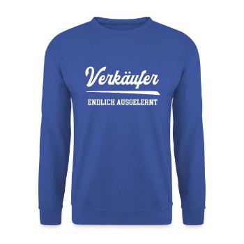 Verkäufer Endlich Ausgelernt Azubi Verkauf Handel - Unisex Pullover - Royalblau - Vorne - Alina (178cm) & Michal (187cm)