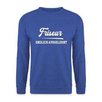 Friseur Endlich Ausgelernt Friseure Azubi Lehre - Unisex Pullover - Royalblau - Vorne - Alina (178cm) & Michal (187cm)