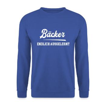 Bäcker Endlich Ausgelernt Lehrling Azubi Lehre - Unisex Pullover - Royalblau - Vorne - Alina (178cm) & Michal (187cm)